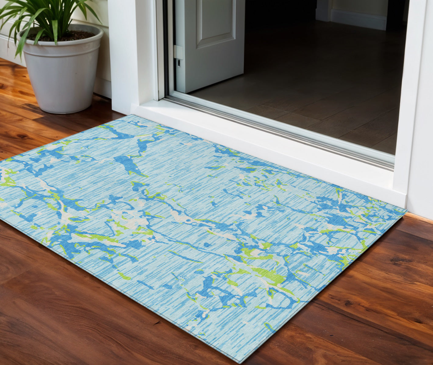 3' X 5' Sky Blue Green And Ivory Striped Washable Indoor Outdoor Area Rug