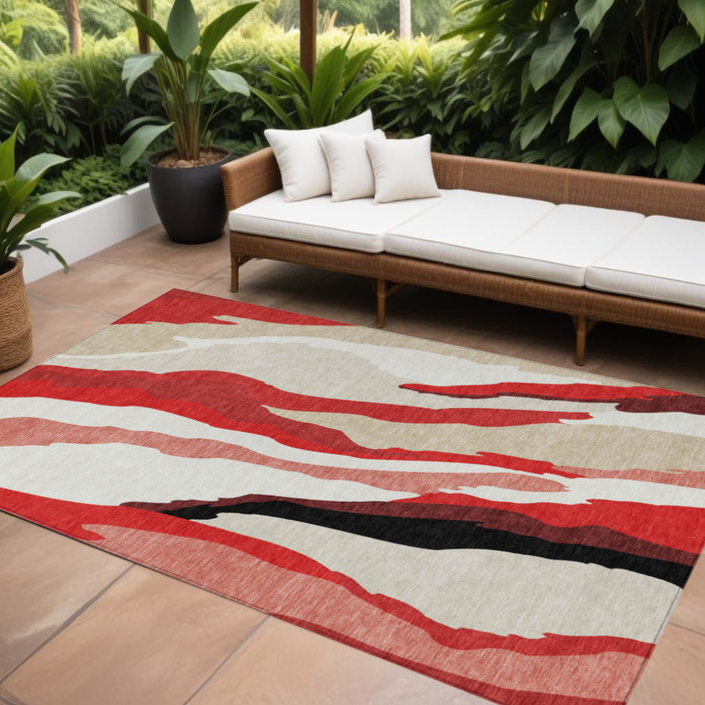 10' X 14' Red Black And Beige Abstract Washable Indoor Outdoor Area Rug