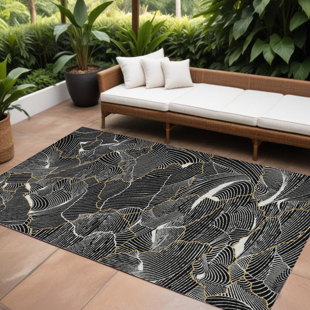10' X 14' Black Ivory And Gold Abstract Washable Indoor Outdoor Area Rug
