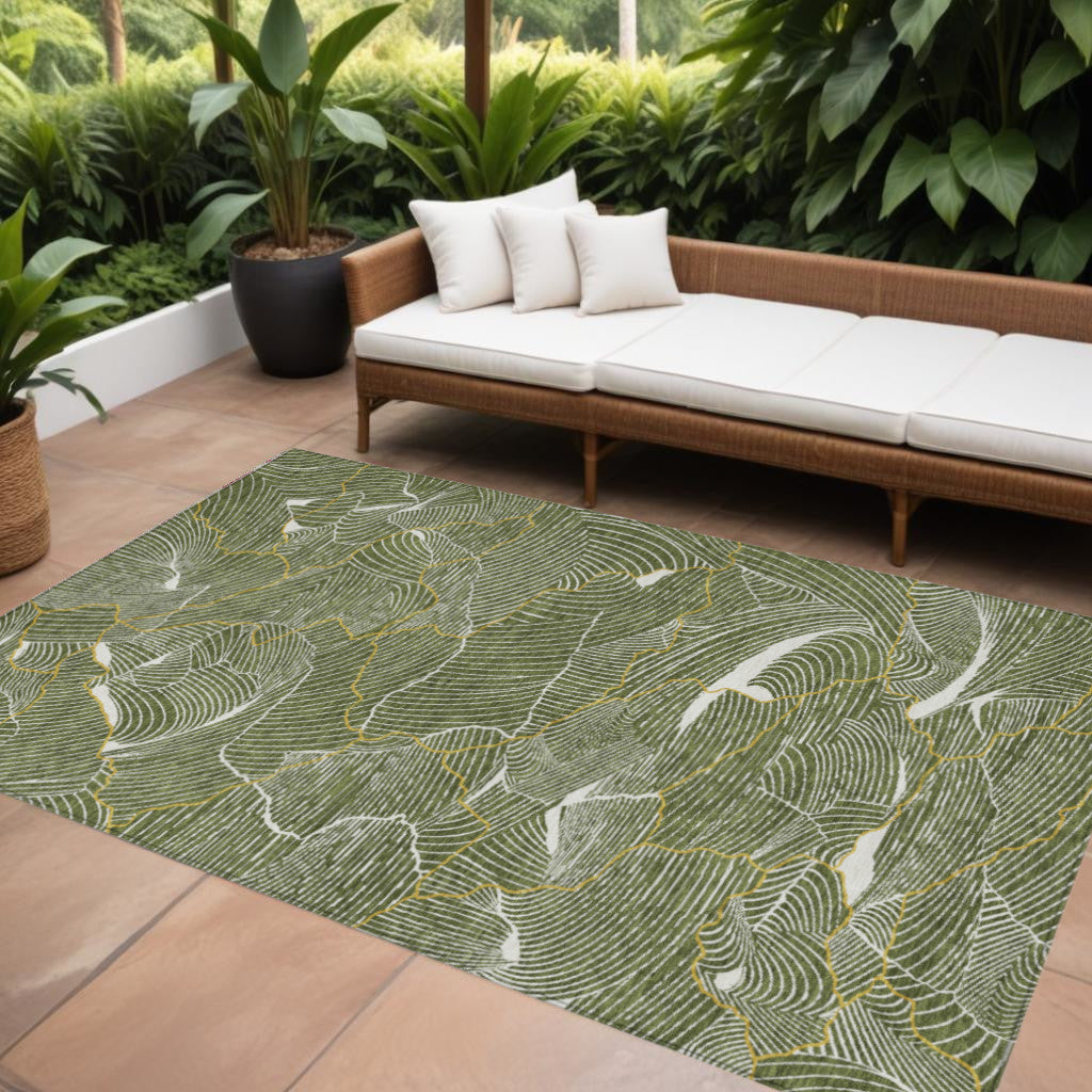 10' X 14' Olive Green Gold And Ivory Abstract Washable Indoor Outdoor Area Rug
