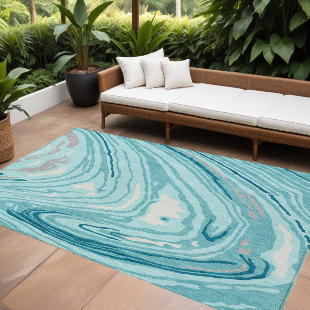 8' X 10' Turquoise Teal Blue And Gray Abstract Washable Indoor Outdoor Area Rug