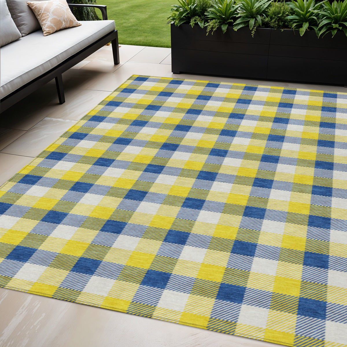 5' X 8' Yellow Blue And Beige Plaid Washable Indoor Outdoor Area Rug
