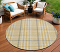 8' Gold Gray And Beige Round Plaid Washable Indoor Outdoor Area Rug