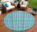 8' Teal Blue Ivory And Brown Round Plaid Washable Indoor Outdoor Area Rug