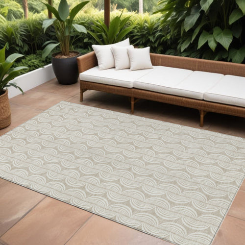 10' X 14' Beige And Ivory Ogee Washable Indoor Outdoor Area Rug