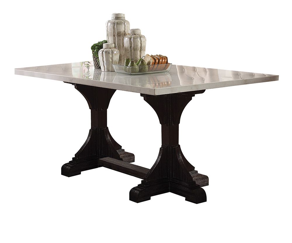 60180 Dining Table  White Marble Top & Weathered Espresso