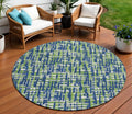8' Navy Blue Green And Ivory Round Abstract Washable Indoor Outdoor Area Rug