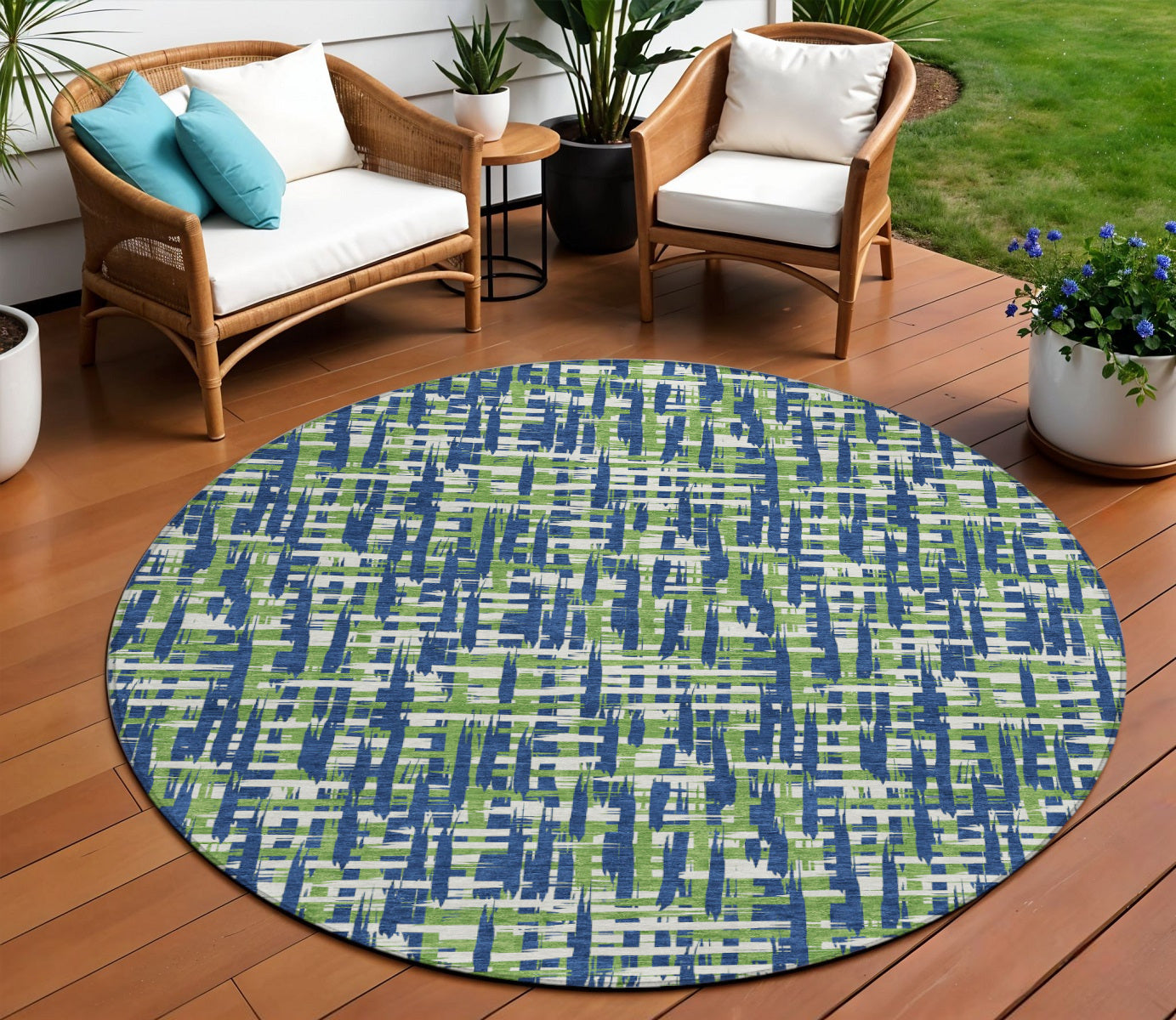 8' Navy Blue Green And Ivory Round Abstract Washable Indoor Outdoor Area Rug