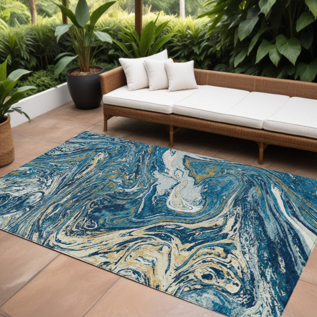 8' X 10' Navy Blue Gold And Ivory Abstract Washable Indoor Outdoor Area Rug
