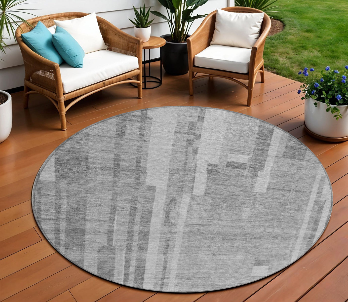 8' Gray And Silver Round Striped Washable Indoor Outdoor Area Rug
