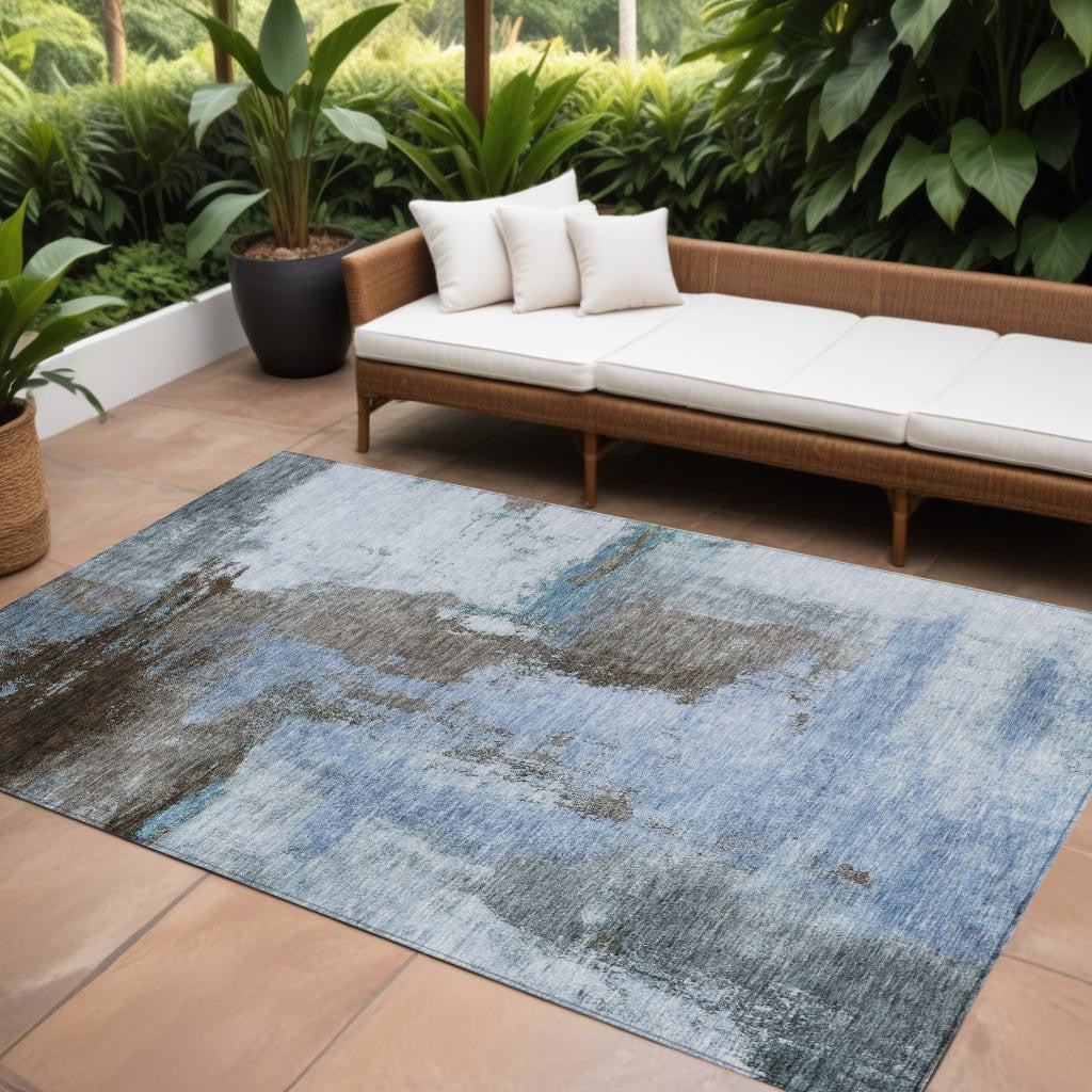 8' X 10' Blue Gray And Dark Brown Abstract Washable Indoor Outdoor Area Rug