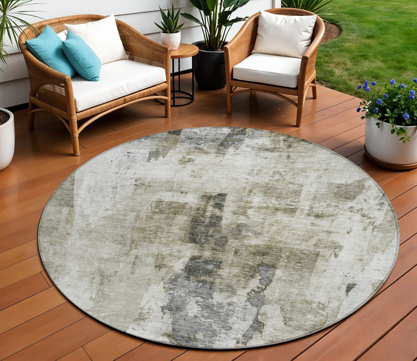 8' Taupe Ivory And Gray Round Abstract Washable Indoor Outdoor Area Rug