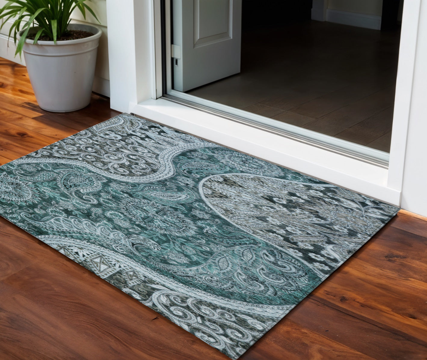 3' X 5' Teal Blue And Dark Green Floral Medallion Washable Indoor Outdoor Area Rug