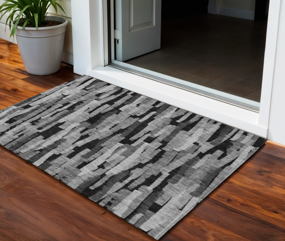 3' X 5' Gray And Black Striped Washable Indoor Outdoor Area Rug