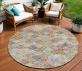8' Terra Cotta Beige And Teal Blue Round Geometric Washable Indoor Outdoor Area Rug