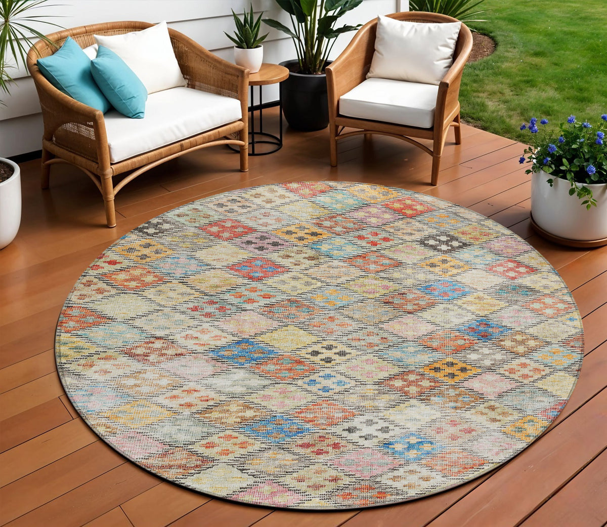 8' Terra Cotta Beige And Teal Blue Round Geometric Washable Indoor Outdoor Area Rug