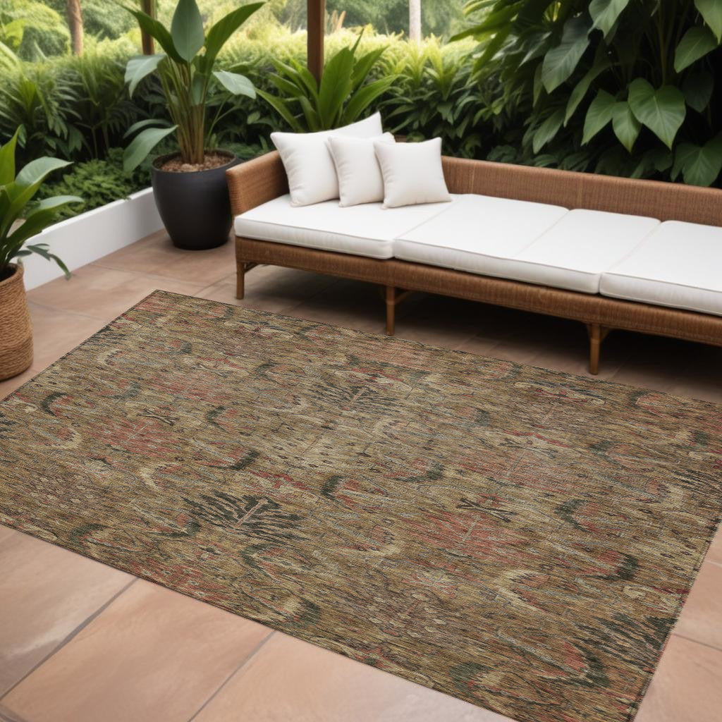 10' X 14' Brown Charcoal And Brick Red Damask Washable Indoor Outdoor Area Rug