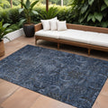 9' X 12' Navy Blue And Charcoal Damask Washable Indoor Outdoor Area Rug