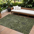 8' X 10' Olive Green And Charcoal Damask Washable Indoor Outdoor Area Rug