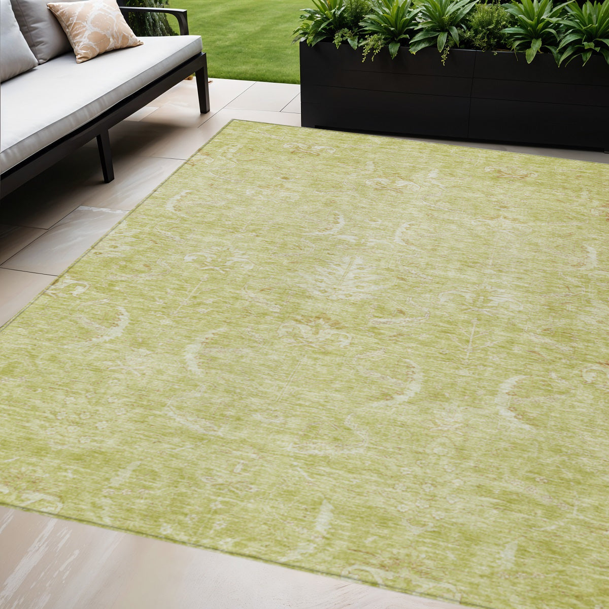 8' X 10' Artichoke Green And Ivory Damask Washable Indoor Outdoor Area Rug
