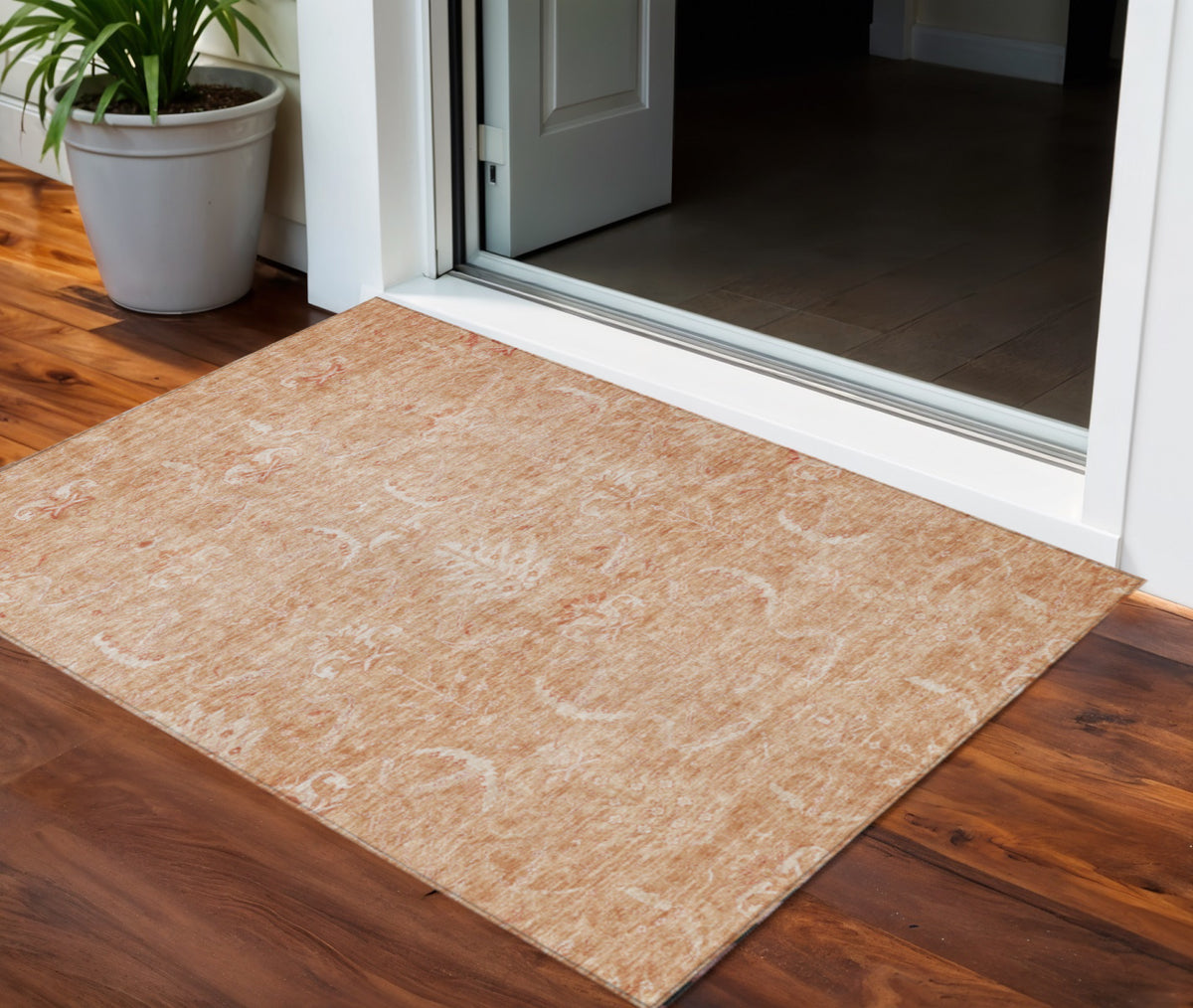 3' X 5' Salmon And Terra Cotta Damask Washable Indoor Outdoor Area Rug
