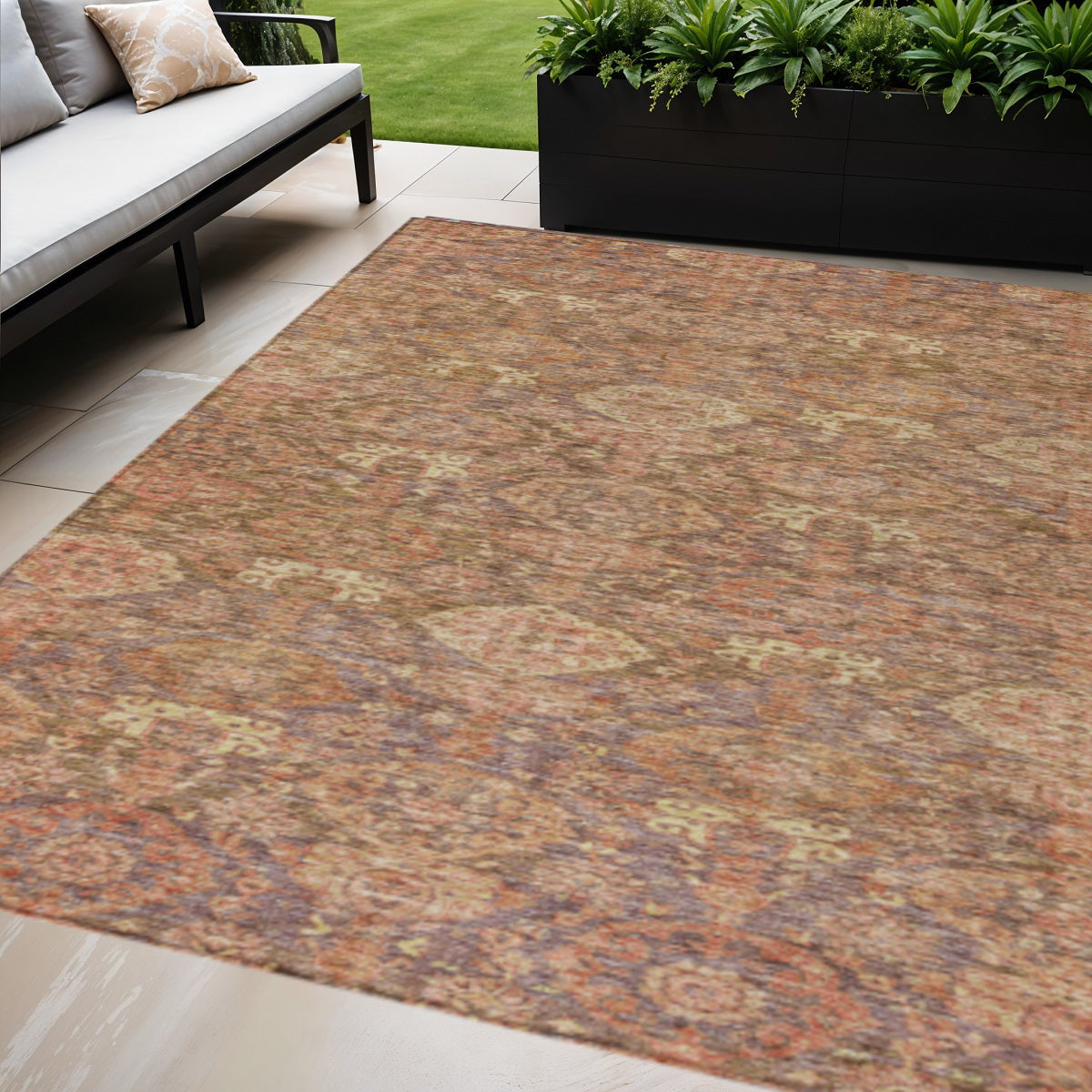 9' X 12' Brown And Tan Damask Washable Indoor Outdoor Area Rug