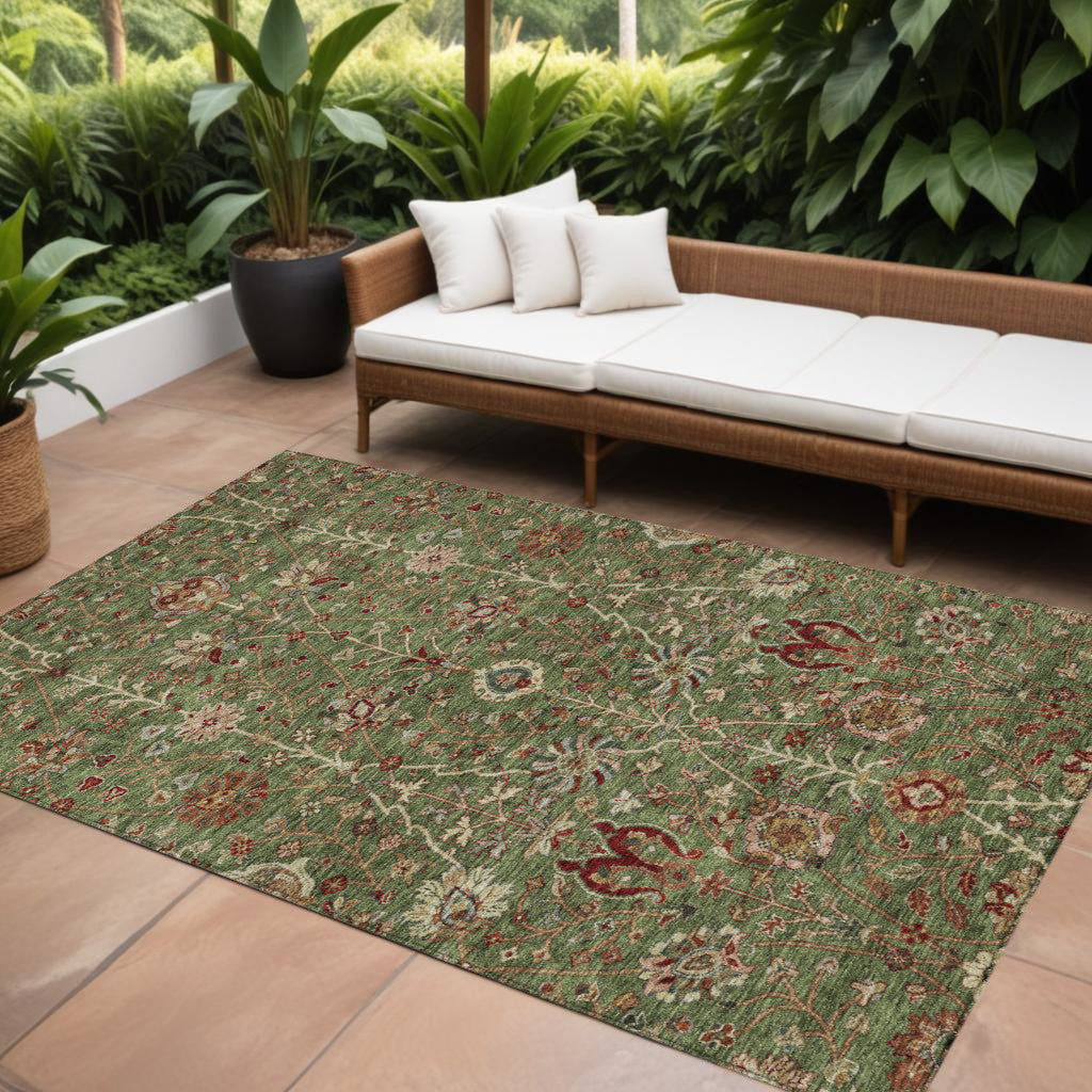 10' X 14' Fern Green Brown And Red Floral Washable Indoor Outdoor Area Rug