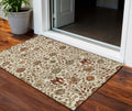 3' X 5' Ivory Brown And Red Floral Washable Indoor Outdoor Area Rug