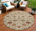 8' Ivory Brown And Red Round Floral Washable Indoor Outdoor Area Rug
