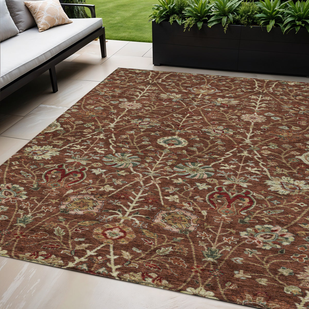 5' X 8' Brown Tan And Red Floral Washable Indoor Outdoor Area Rug