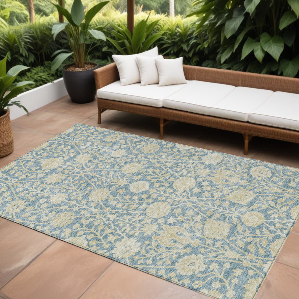 8' X 10' Sky Blue And Beige Floral Washable Indoor Outdoor Area Rug