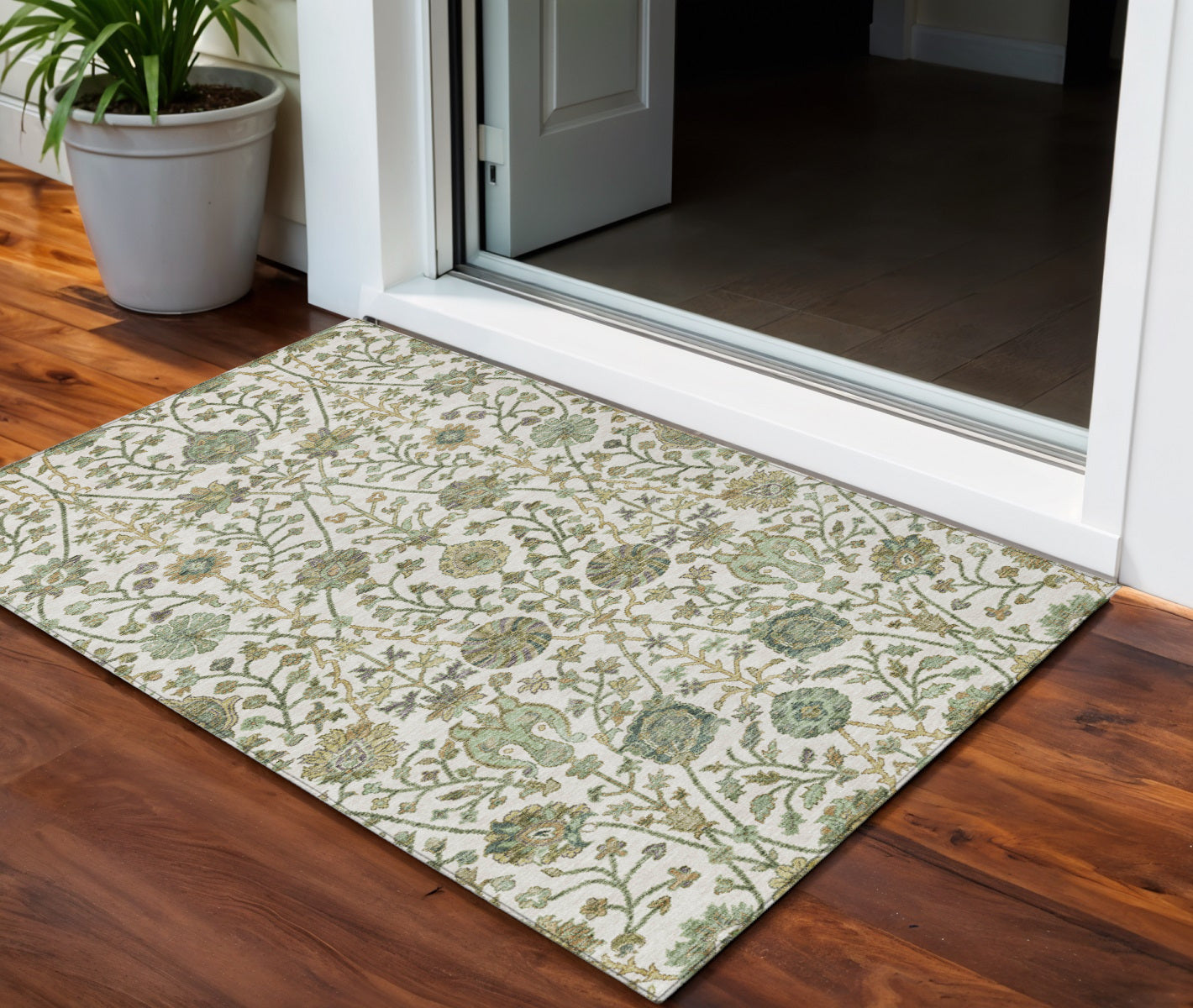 3' X 5' Ivory Green And Brown Floral Washable Indoor Outdoor Area Rug