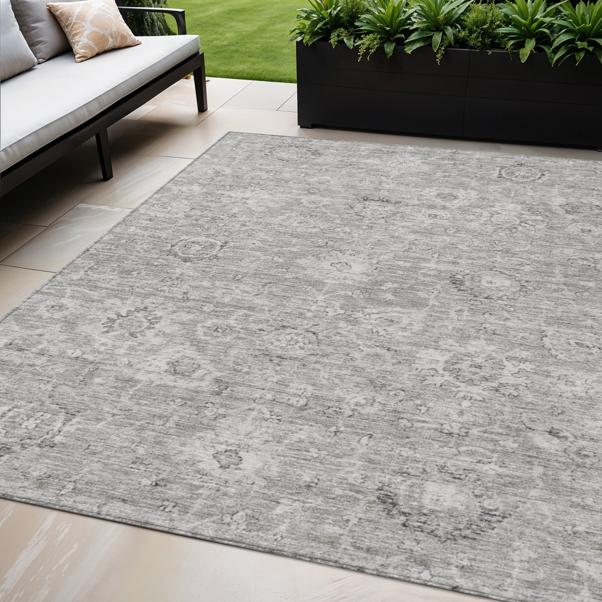 5' X 8' Gray And Silver Damask Washable Indoor Outdoor Area Rug