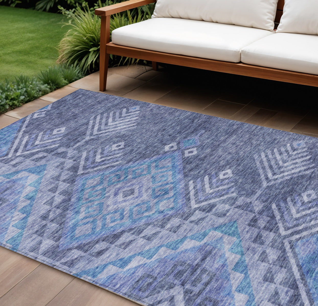 10' X 14' Navy Blue Charcoal And Gray Southwestern Washable Indoor Outdoor Area Rug