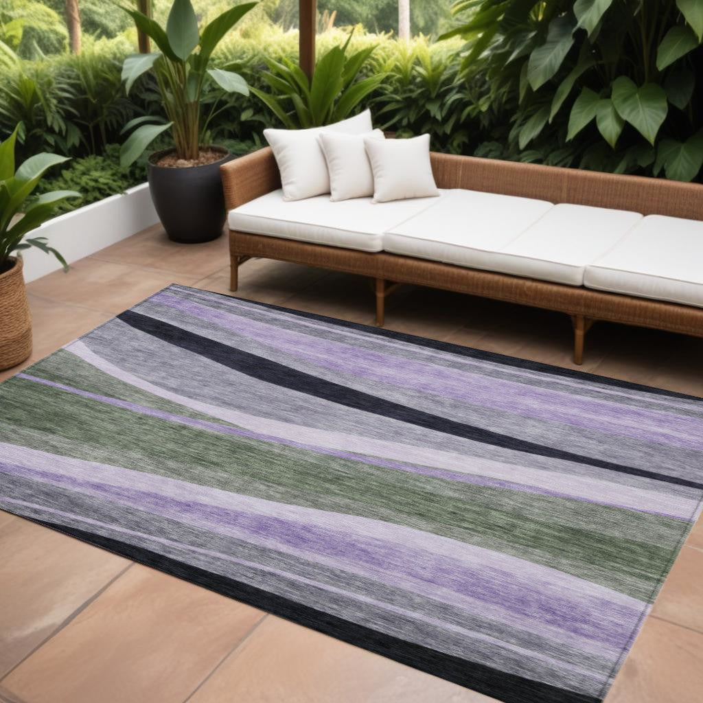 8' X 10' Artichoke Green Green And Black Abstract Washable Indoor Outdoor Area Rug