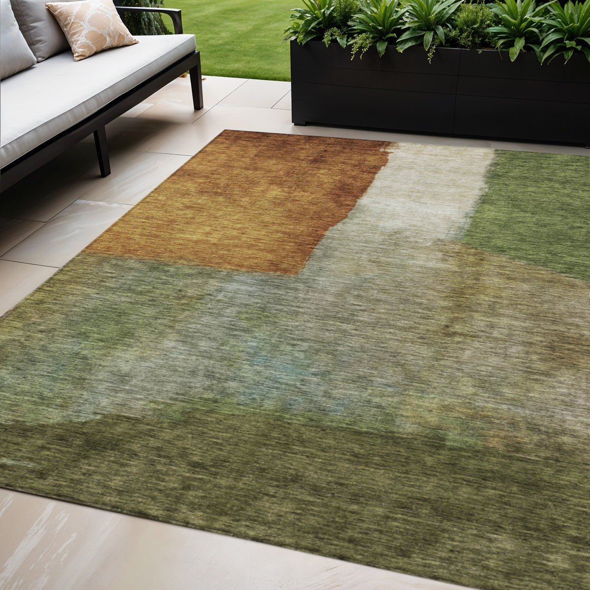 5' X 8' Green Copper And Beige Abstract Washable Indoor Outdoor Area Rug