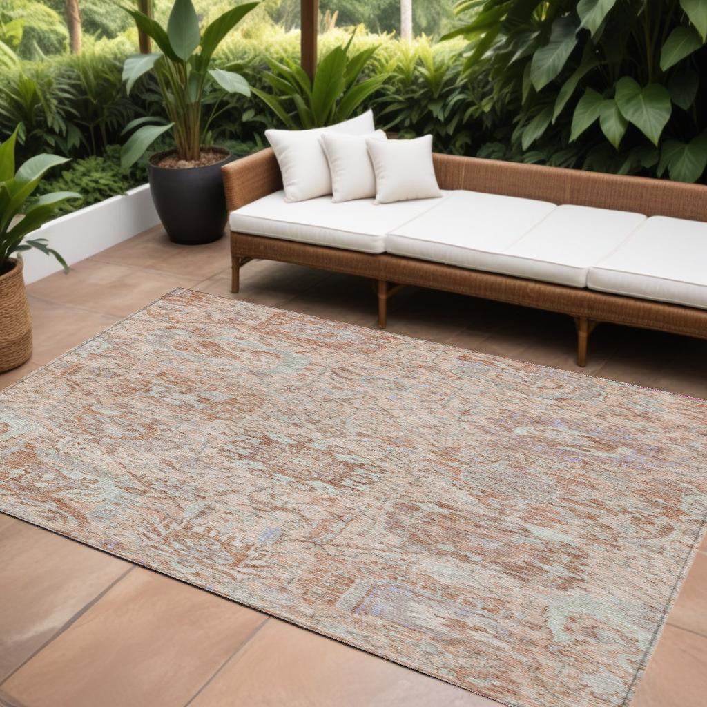 10' X 14' Coral And Gray Damask Washable Indoor Outdoor Area Rug