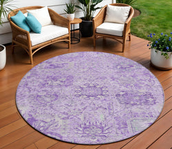 8' Lavender And Gray Round Damask Washable Indoor Outdoor Area Rug