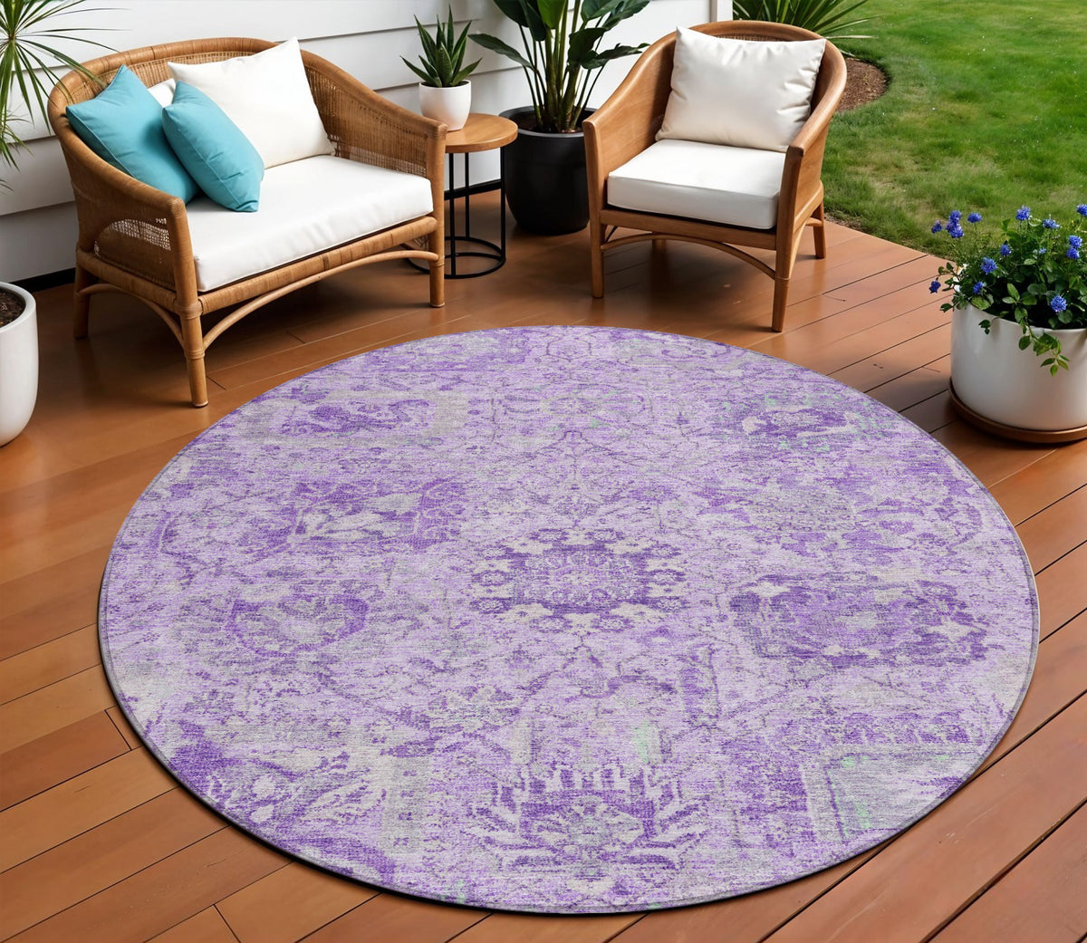 8' Lavender And Gray Round Damask Washable Indoor Outdoor Area Rug