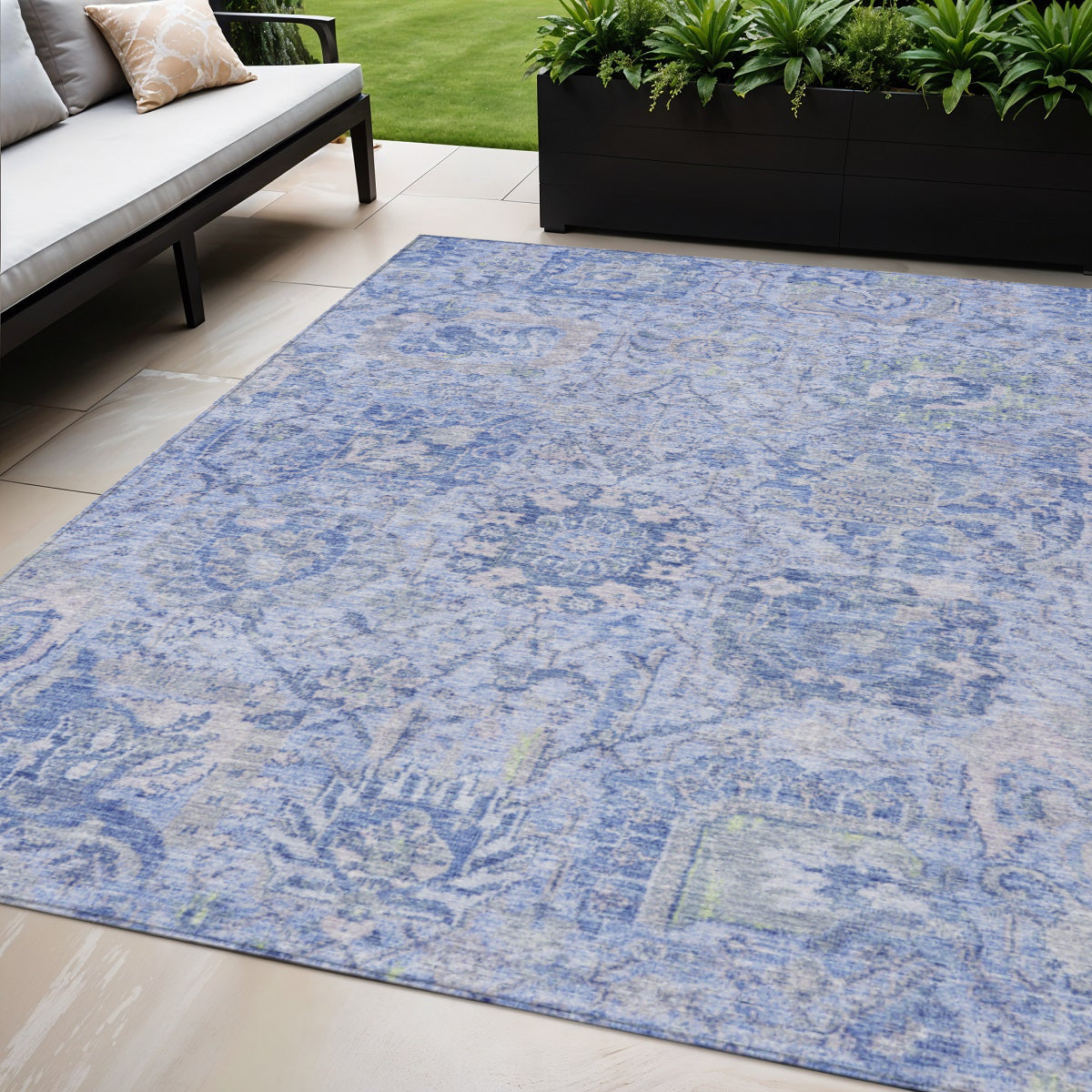 5' X 8' Sky Blue Ivory And Gray Damask Washable Indoor Outdoor Area Rug