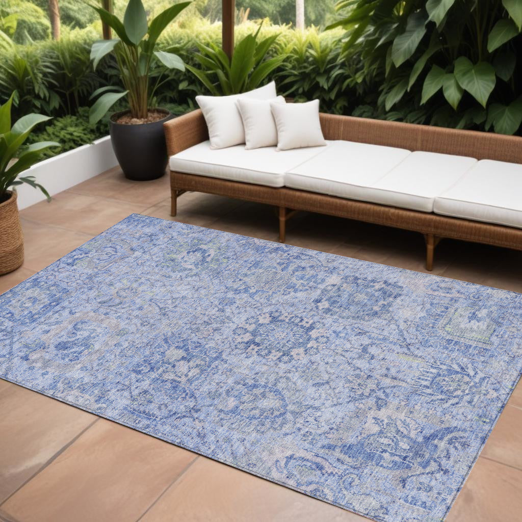 10' X 14' Sky Blue Ivory And Gray Damask Washable Indoor Outdoor Area Rug