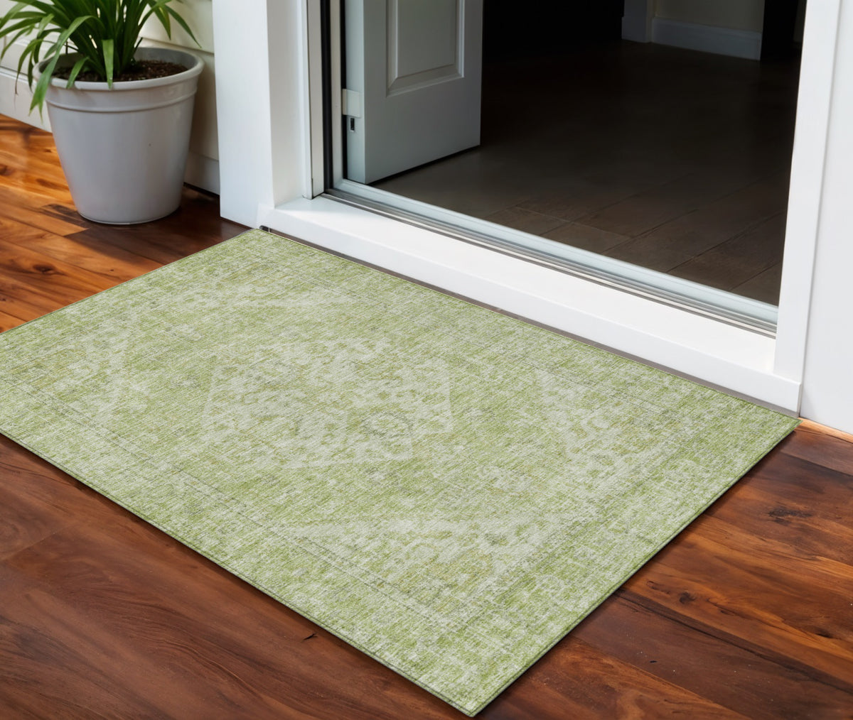 3' X 5' Sage And Ivory Oriental Washable Indoor Outdoor Area Rug