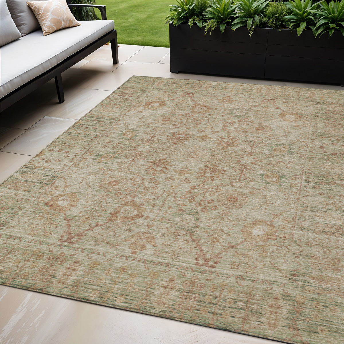 5' X 8' Beige Brown And Green Oriental Washable Indoor Outdoor Area Rug
