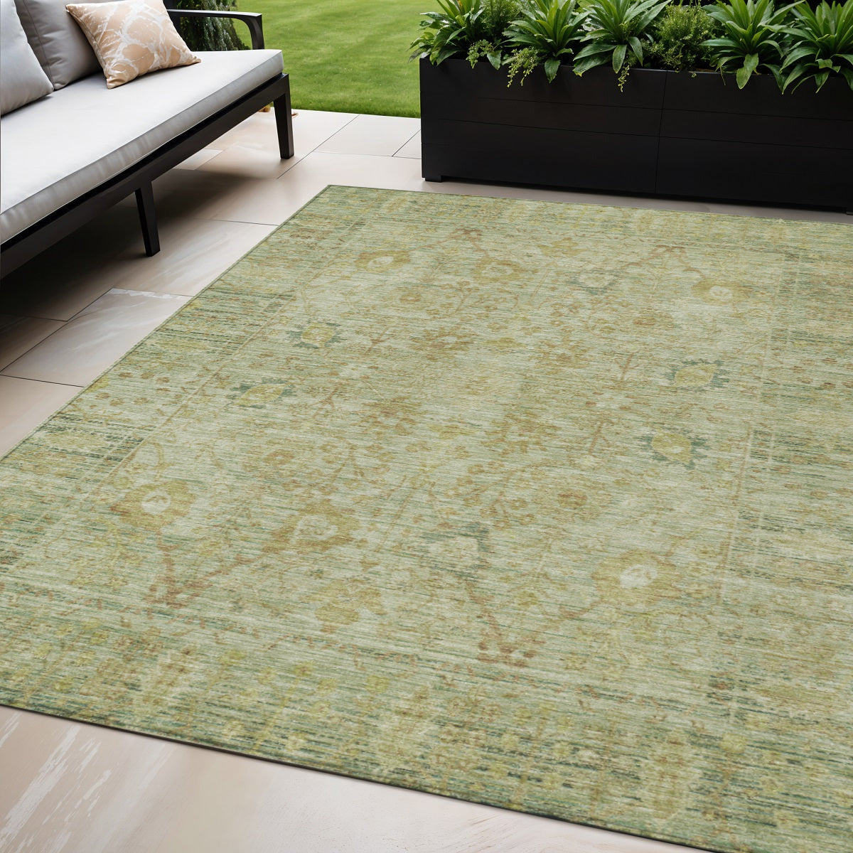 5' X 8' Sage Green And Brown Oriental Washable Indoor Outdoor Area Rug