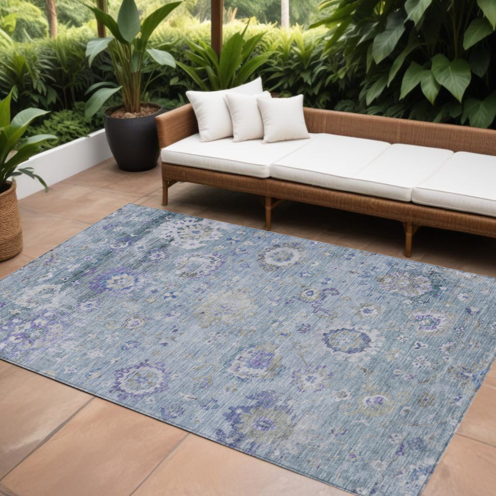 8' X 10' Sky Blue Purple And Gray Floral Washable Indoor Outdoor Area Rug