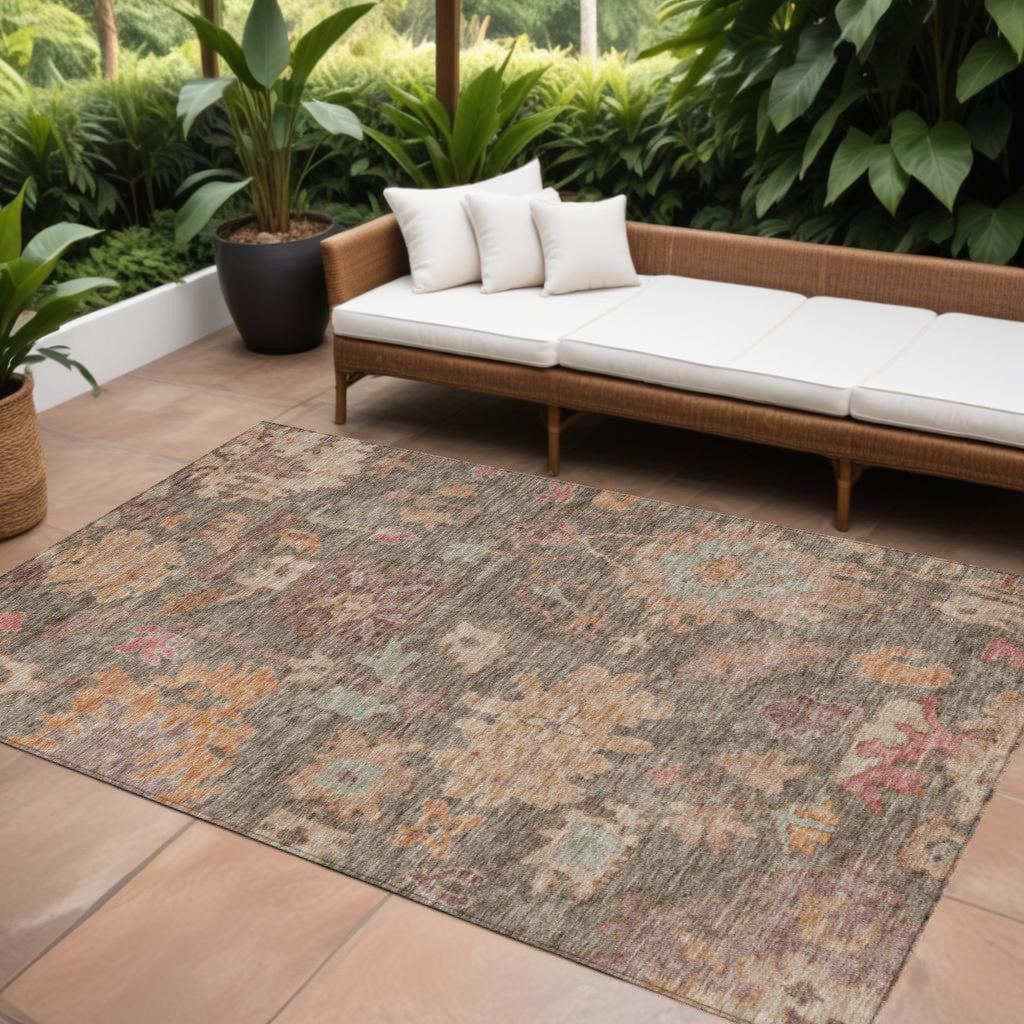 8' X 10' Brown Tan And Terra Cotta Floral Washable Indoor Outdoor Area Rug