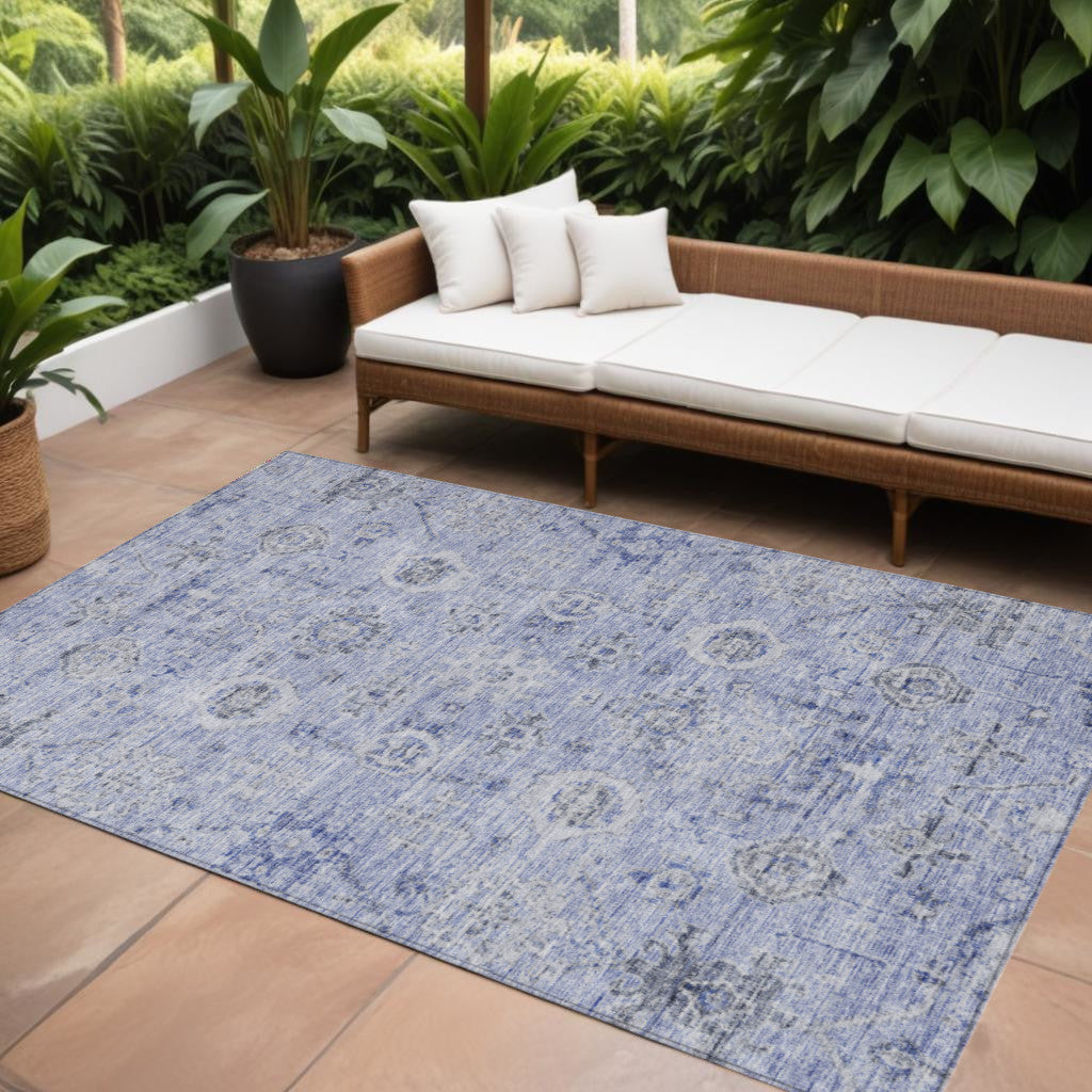 8' X 10' Blue And Gray Damask Washable Indoor Outdoor Area Rug