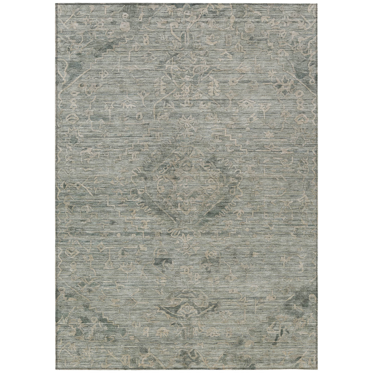 3' X 5' Sage And Beige Floral Washable Indoor Outdoor Area Rug