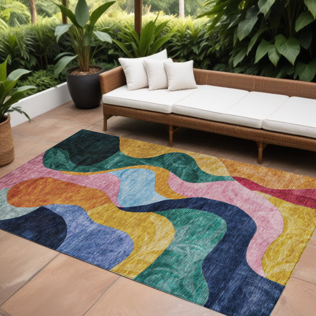 10' X 14' Green Orange And Pink Abstract Washable Indoor Outdoor Area Rug