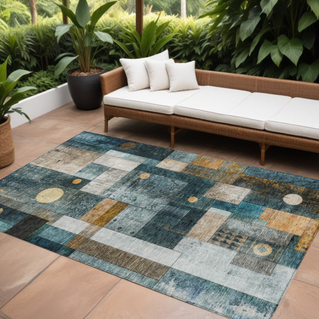 8' X 10' Teal Blue Gray And Gold Geometric Washable Indoor Outdoor Area Rug